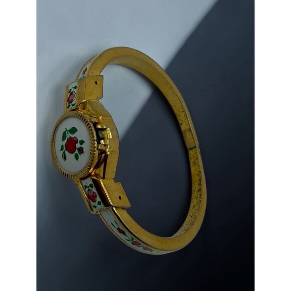 Gold Floral Bangle Analog Dress Wristwatch Round White Dial Metal 1950-70 6in